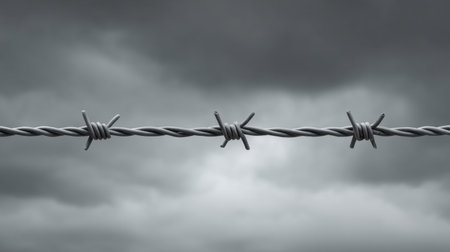 A striking image of a barbed wire fence set against a backdrop of dark stormy clouds, creating a moody and foreboding atmosphere that conveys tension and isolation.の素材