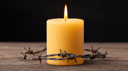 A serene candle burns with a soft flame, encased in barbed wire on a rustic wooden table, creating a striking visual contrast that symbolizes resilience and hope.の素材