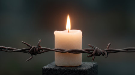 A serene candle sits in front of barbed wire, with a flickering flame illuminating the surroundings and creating a poignant atmosphere of hope amidst adversity.の素材