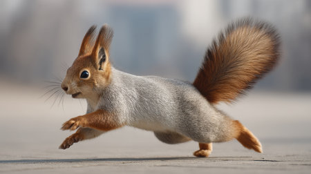 A lively squirrel captures attention while sprinting with its fluffy tail held high, showcasing its agility against a softly blurred city backdrop under bright sunlight.の素材