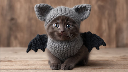 This charming kitten in a knitted bat costume captures the essence of cuteness, making it ideal for Halloween-themed pet photography and animal lovers.の素材