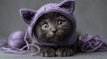 Cute kitten in a purple knitted hat surrounded by yarn creates an irresistible scene that captures the playful spirit and charm of a beloved furry friend.の素材