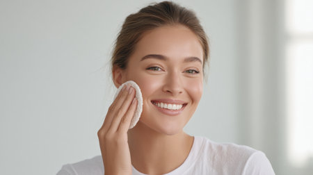 A cheerful woman gently applies a skincare product with a cotton pad, showcasing her radiant skin in a bright indoor space. This image captures the essence of self-care and beauty.の素材