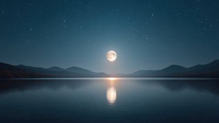 Experience the tranquility of a night landscape featuring a full moon reflecting on calm water, surrounded by mountains and a starry sky a perfect serene moment in nature.の素材