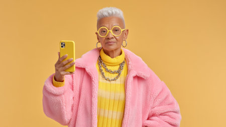 A stylish senior woman exuding confidence poses with a smartphone against a bright yellow background, showcasing modern fashion and vibrant accessories in a cozy outfit.の素材