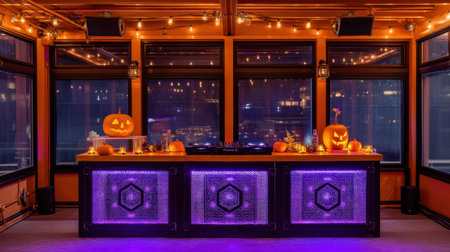 A stunning Halloween bar setup featuring glowing pumpkins, elegant decorations, and warm ambient lighting, perfect for creating a magical festive experience for gatherings.の素材