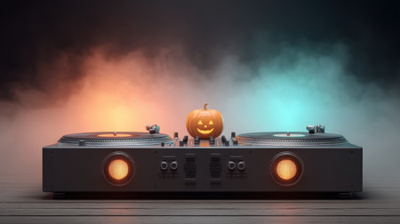 A captivating scene featuring a pumpkin with a cheerful face placed on a DJ turntable, enveloped in colorful fog, creating a perfect Halloween atmosphere for any event.の素材