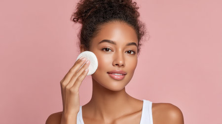 A young woman with curly hair showcases her skincare routine using a cotton pad. She smiles gently while applying a product to her face against a soft pink backdrop.の素材