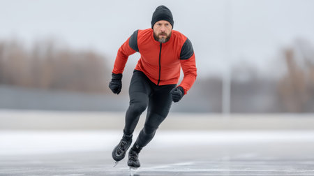 A dedicated male athlete showcases his skills while ice skating on a frozen lake. Dressed in a striking red jacket, he embodies speed and determination in a winter setting.の素材