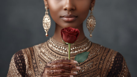 A portrait of a graceful woman with deep skin tone, elegantly dressed in traditional attire, holding a stunning red rose, radiating beauty and cultural richness.の素材