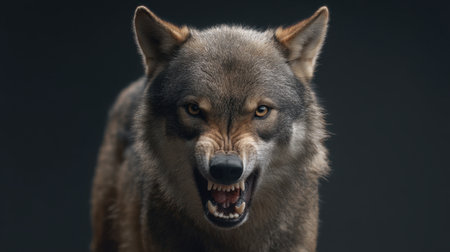 This striking close-up captures an aggressive gray wolf displaying its teeth, conveying raw power and intensity through its fierce expression and dramatic lighting.の素材