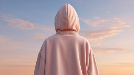 A peaceful scene featuring a person in a soft hoodie looking at a colorful sunset sky. The warm tones and gentle clouds create a serene atmosphere perfect for reflection.の素材