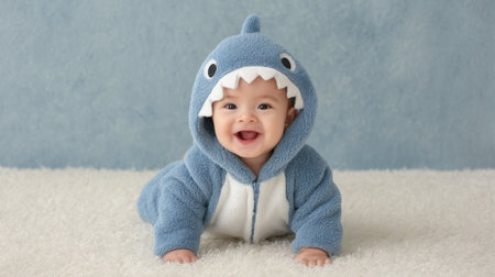 A happy baby wearing a soft blue shark costume smiles widely while crawling on a fluffy white rug, creating a delightful and playful atmosphere.の素材