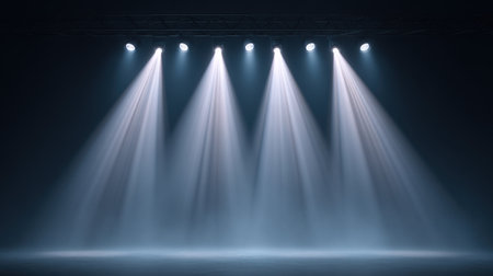 Bright beams of stage lights shine down on a dim backdrop, creating a dramatic atmosphere perfect for performances, events, or artistic displays.の素材