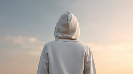 A solitary individual wearing a soft gray hoodie stands against a serene sunset sky. The captivating scene embodies tranquility and introspection, inviting viewers to reflect.の素材