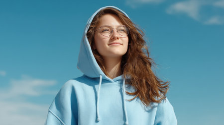 A young woman wearing a blue hoodie enjoys a sunny day under a clear sky, radiating happiness and a sense of freedom. Perfect for lifestyle and fashion themes.の素材
