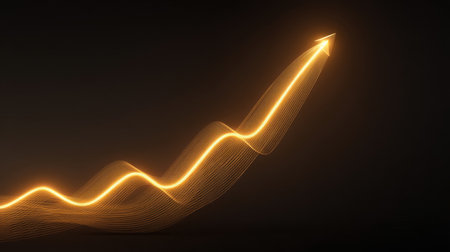 This abstract image showcases glowing golden lines that symbolize upward growth and success, ideal for use in business, finance, or technology-related projects.の素材