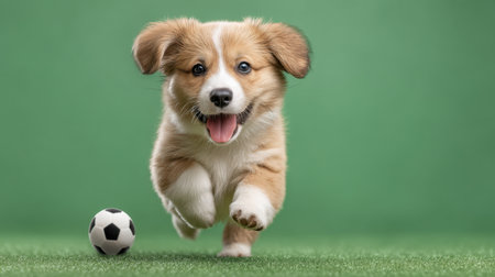 An adorable puppy joyfully runs on lush green grass, chasing a soccer ball. This lively scene captures the essence of playfulness and energy in the outdoors.の素材