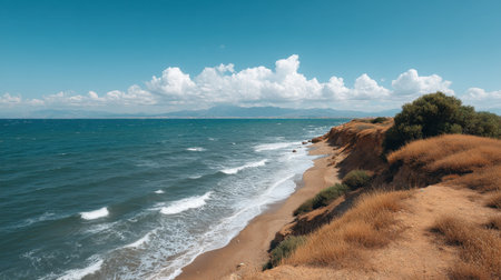 A stunning seaside panorama featuring grassy slopes above a vibrant blue sea. The view captures gentle waves, a sandy beach, and soft clouds enhancing the serene atmosphere.の素材