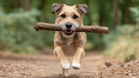 A joyful dog runs through a lush forest path, proudly carrying a stick in its mouth. This vibrant scene captures the spirit of outdoor play and companionship.の素材