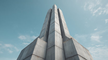 A striking concrete structure rises prominently against a clear blue sky, showcasing geometric patterns and minimalist design that highlight modern architecture's beauty.の素材