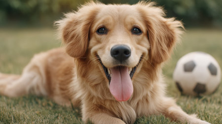 A delightful golden retriever rests on lush green grass with a joyful expression, accompanied by a soccer ball, showcasing the bond between pets and outdoor activities.の素材