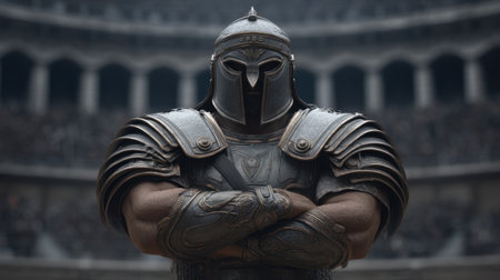 A powerful gladiator stands confidently in the arena, showcasing impressive armor and muscular form. The backdrop highlights the grand architecture of the Colosseum.の素材