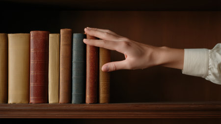 A soft, inviting scene of a hand delicately reaching for vintage books on a wooden shelf, capturing the essence of exploration, literature, and timeless stories in a cozy setting.の素材