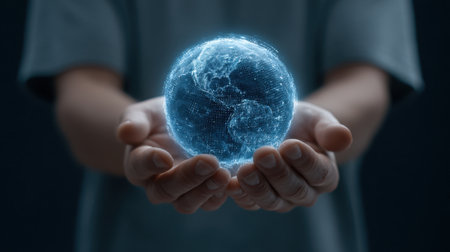 A person holds a stunning digital globe representing the Earth, symbolizing connection and responsibility towards the environment and future generations.の素材