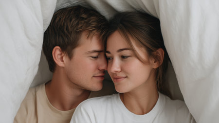 A serene and intimate portrait of a young couple sharing a loving moment under a blanket, showcasing their connection and warmth in a cozy indoor atmosphere.の素材