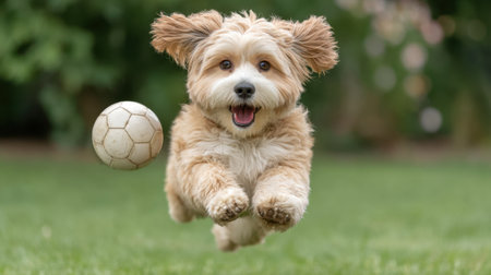 This lively image showcases a small dog energetically chasing a soccer ball in a vibrant green yard, embodying the joy and enthusiasm of playtime on a sunny day.の素材
