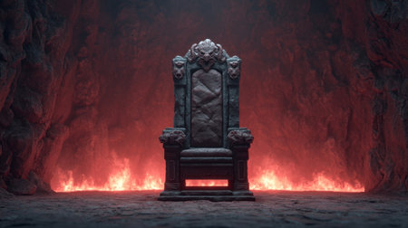 A captivating throne rests in a dark cavern, illuminated by fiery flames, evoking a sense of power and mystery in a fantastical environment.の素材