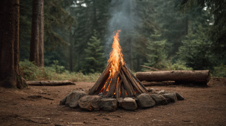 A cozy campfire crackles amidst tall trees in a serene forest, creating a warm ambiance perfect for outdoor adventures and relaxation in nature.の素材