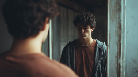 A young man stands in front of a mirror, lost in thought. The dimly lit atmosphere evokes emotions of introspection, highlighting themes of self-discovery and vulnerability.の素材