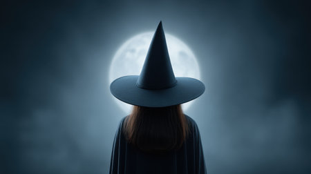 A striking silhouette of a witch in a pointed hat stands against a bright full moon, creating a mysterious and magical atmosphere perfect for Halloween or fantasy visuals.の素材