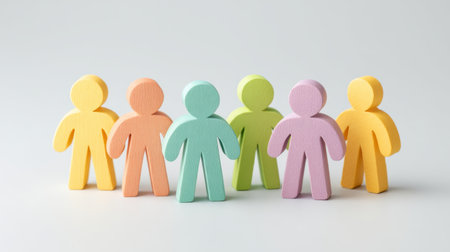 Colorful wooden figures stand together, symbolizing diversity and collaboration. Ideal for illustrating concepts related to teamwork, community, and connection.の素材