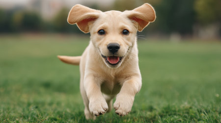 A joyful puppy with big ears happily runs through lush green grass in a park during the day, embodying innocence and playful energy in a vibrant outdoor setting.の素材