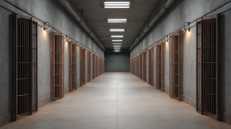 A stark empty hallway within a prison setting, featuring barred cells, concrete walls, and dim lighting that creates a tense and disturbing atmosphere.の素材