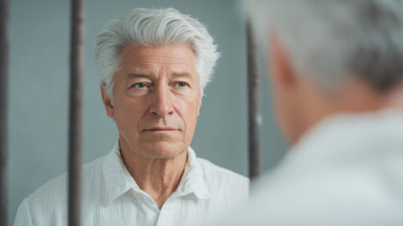A reflective elderly man appears contemplative as he gazes at his own image through prison bars, evoking themes of regret, isolation, and personal depth.の素材