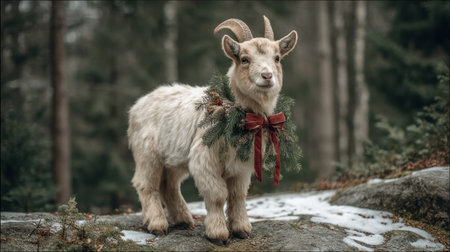 This charming young mountain goat stands proudly in a snowy forest, adorned with a festive wreath and red ribbon, embodying the spirit of joy and tranquility.の素材