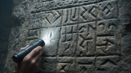 A person uses a flashlight to highlight intricate hieroglyphics on a stone wall inside a dark cave, uncovering the mysteries of ancient civilizations and their languages.の素材