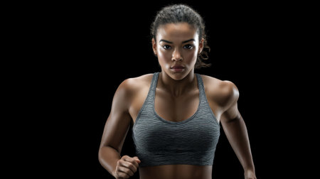 A focused female runner showcases strength and determination in a striking athletic pose against a dark backdrop, embodying the spirit of perseverance and motivation.の素材
