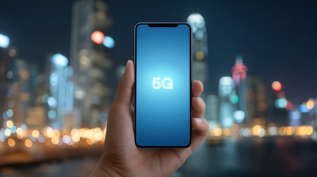 A hand holds a smartphone featuring a vibrant 5G signal display, set against a blurred cityscape at night, highlighting advancements in communication technology.の素材