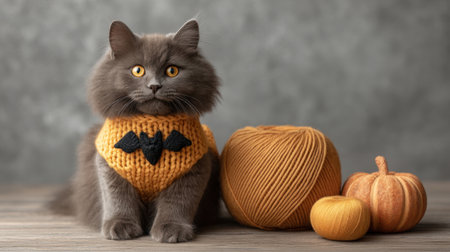 This adorable grey cat in a knitted sweater poses with colorful yarn and pumpkins, creating a perfect autumn scene for pet lovers and seasonal decor inspiration.の素材