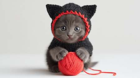This charming gray kitten wearing a knitted black cat hat captures hearts while playing with a vibrant red yarn ball. A delightful scene for animal lovers!の素材
