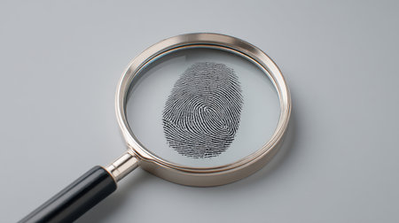 This image captures a fingerprint magnified by a glass tool, showcasing intricate details and patterns, perfect for themes of investigation and personal identity.の素材