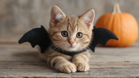 A charming kitten wearing bat wings rests on a rustic wooden table next to a pumpkin, creating a delightful Halloween scene that pet lovers will adore.の素材