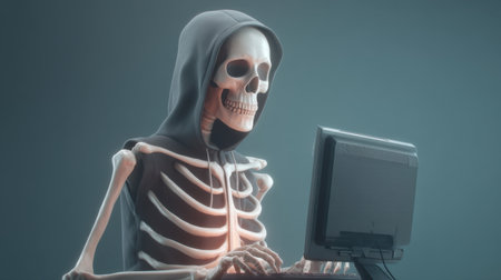 A creative image of a skeleton wearing a hoodie, engaging with a computer, blending technology with Halloween themes, perfect for various artistic and educational uses.の素材