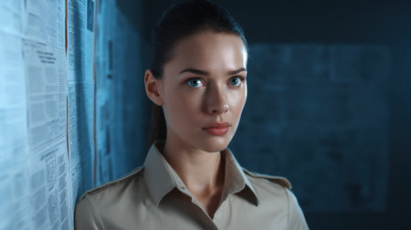 A captivating portrait of a young woman dressed in a neutral outfit, gazing thoughtfully while standing beside a wall of newspaper clippings, evoking a sense of intrigue.の素材