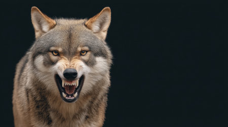 A fierce wolf snarls, showcasing its sharp teeth and intense expression against a dark background, highlighting its powerful presence in nature.の素材